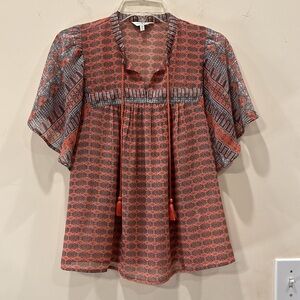 Lucky Brand - EUC Sheer Short Sleeve Print Peasant Top, size: M